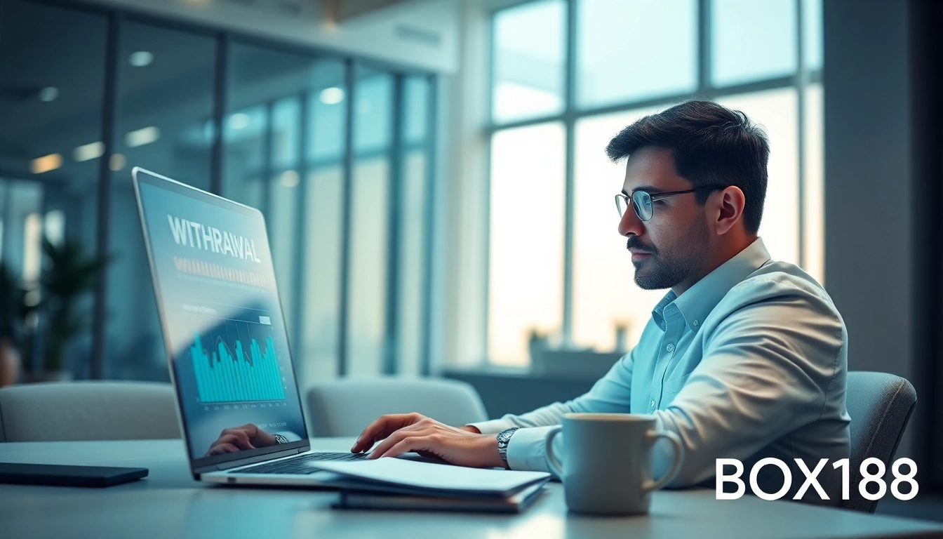 Financial expert analyzing withdrawal data on digital dashboard at BOX138 office