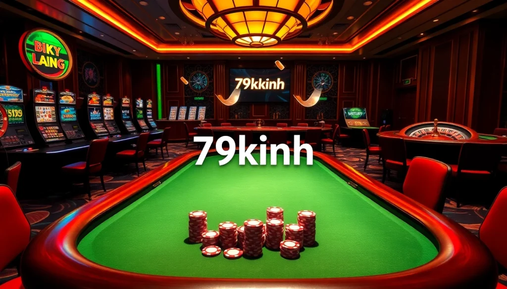 Engaging 79kinh gambling scene with vibrant poker tables, slot machines, and dynamic casino elements.