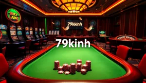 Engaging 79kinh gambling scene with vibrant poker tables, slot machines, and dynamic casino elements.