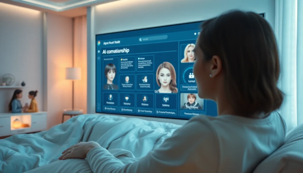 Heartfelt AI companionship in a modern bedroom setting featuring interactive digital interface for ai sex.