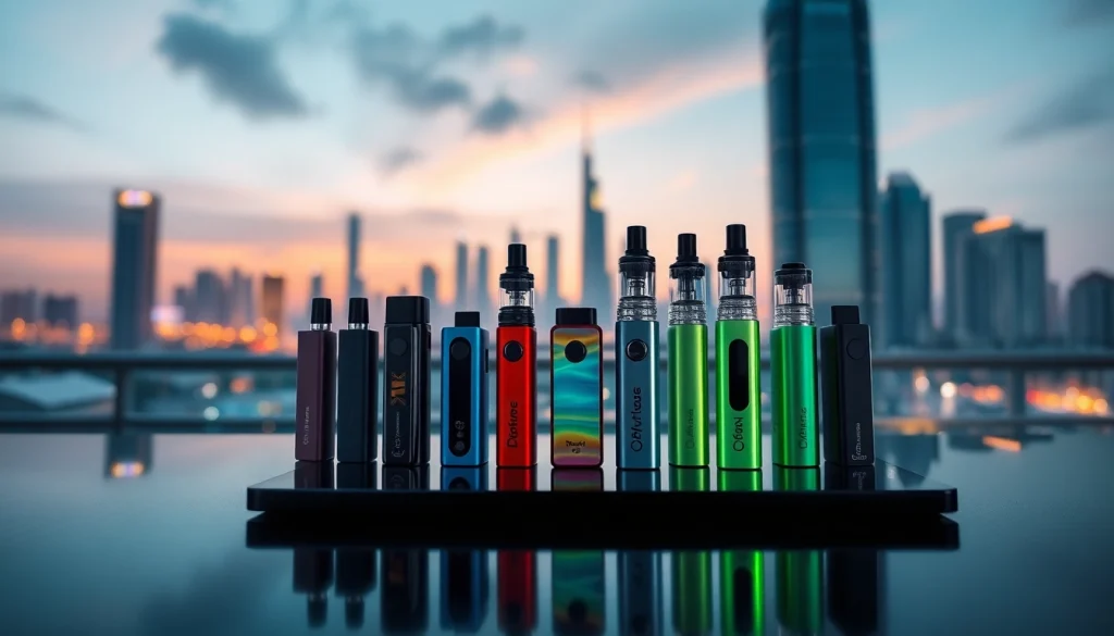 Explore a vibrant selection of Disposable vape Dubai showcasing colorful vaping devices against a stylish backdrop.