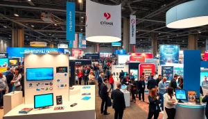 Engaging trade show displays with vibrant designs in an active exhibition environment.