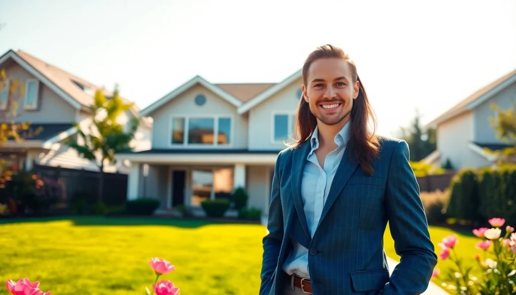 Showcasing modern real estate with a professional agent in a vibrant suburban setting.