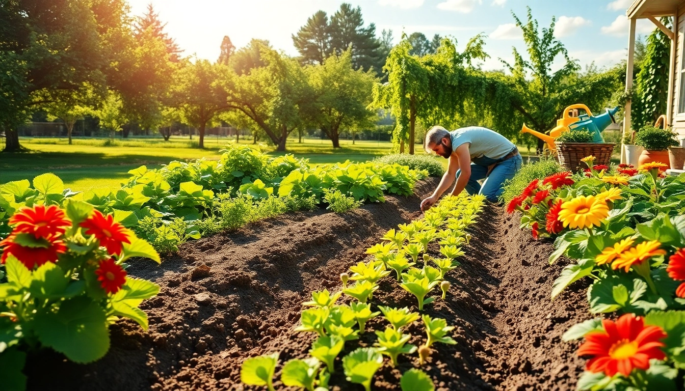 Gardening scene showcasing a gardener planting seeds among vibrant flowers and lush green plants.