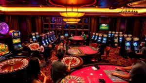 Experience the thrill of 9Dbet through an elegant casino scene featuring tables and games.