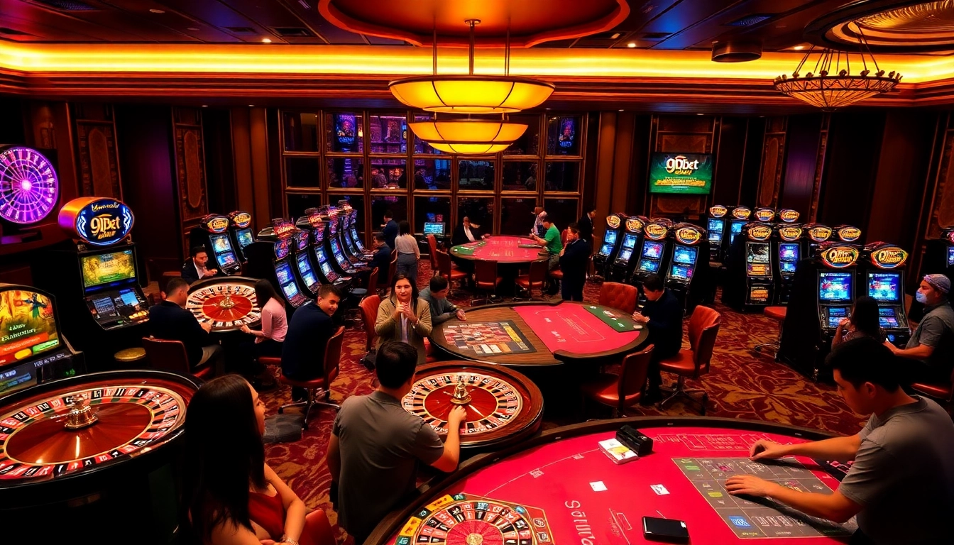 Experience the thrill of 9Dbet through an elegant casino scene featuring tables and games.