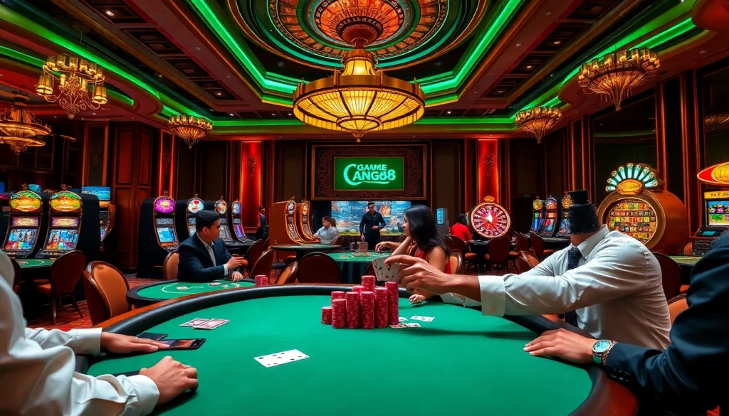 Exciting game king88 scene featuring vibrant casino tables, lively players, and professional dealers.