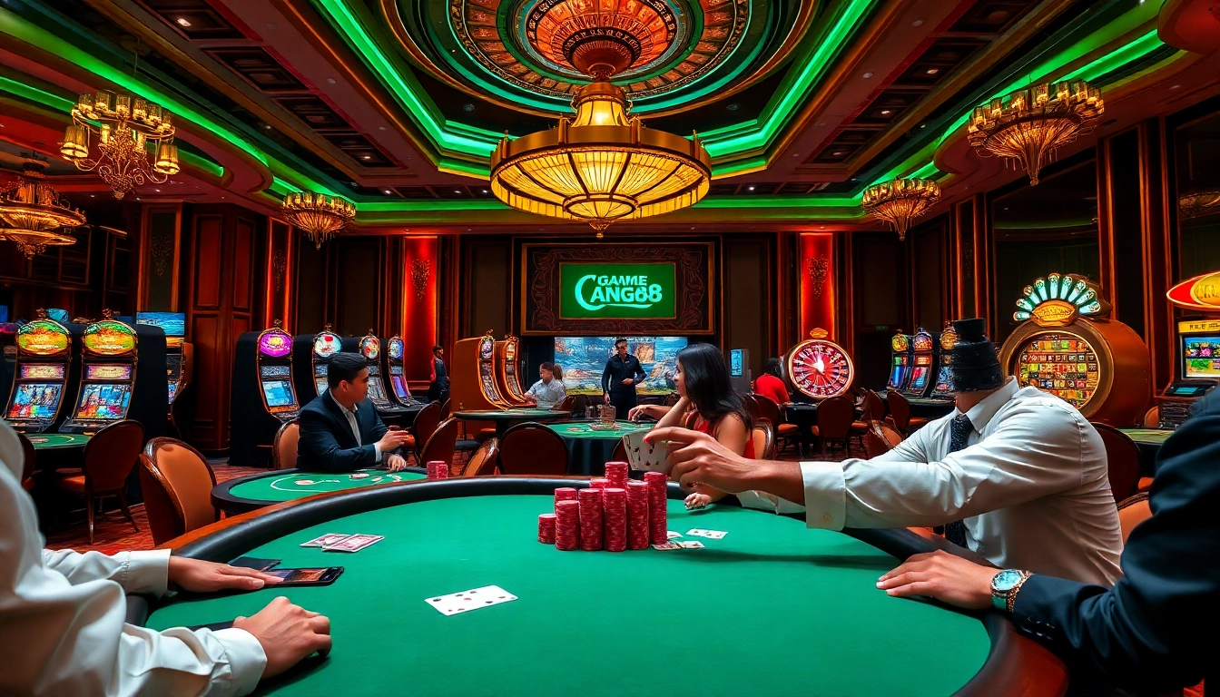 Exciting game king88 scene featuring vibrant casino tables, lively players, and professional dealers.