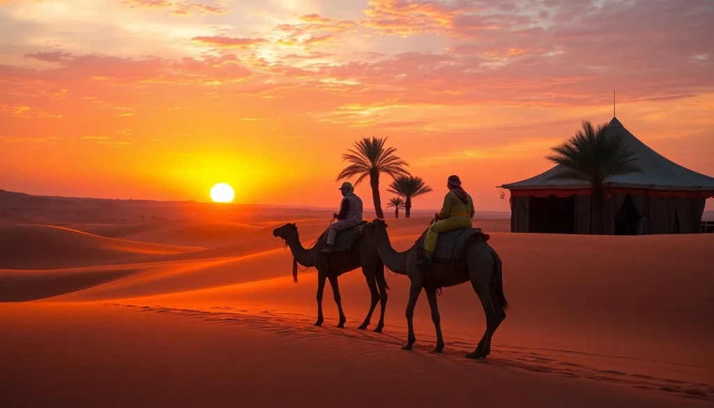Camel ride Marrakech at sunset, showcasing riders against golden dunes and vibrant sky.