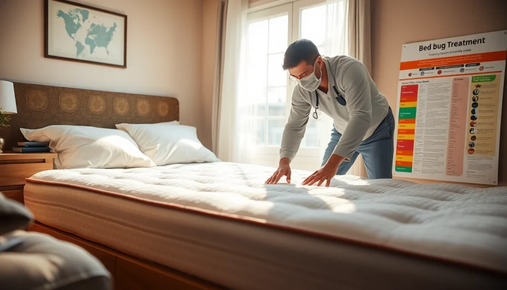 Inspecting bed bug treatment options with https://affordablebedbugexterminators.com at the forefront of the image.