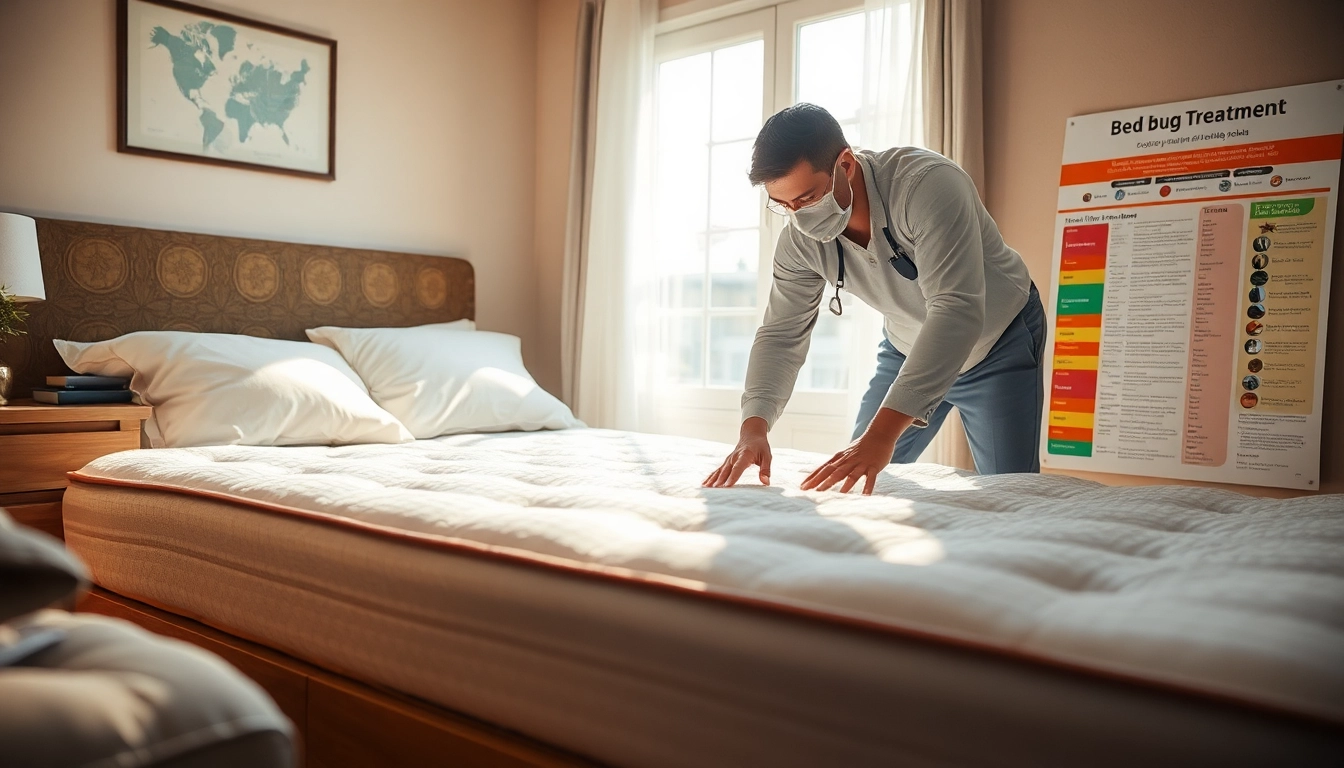 Inspecting bed bug treatment options with https://affordablebedbugexterminators.com at the forefront of the image.