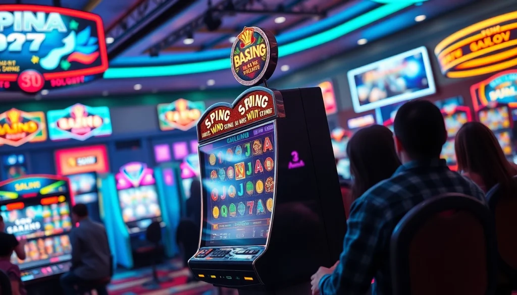 Permainan menarik di QQSLOT777 dengan slot machine berwarna-warni dan suasana kasino yang hidup