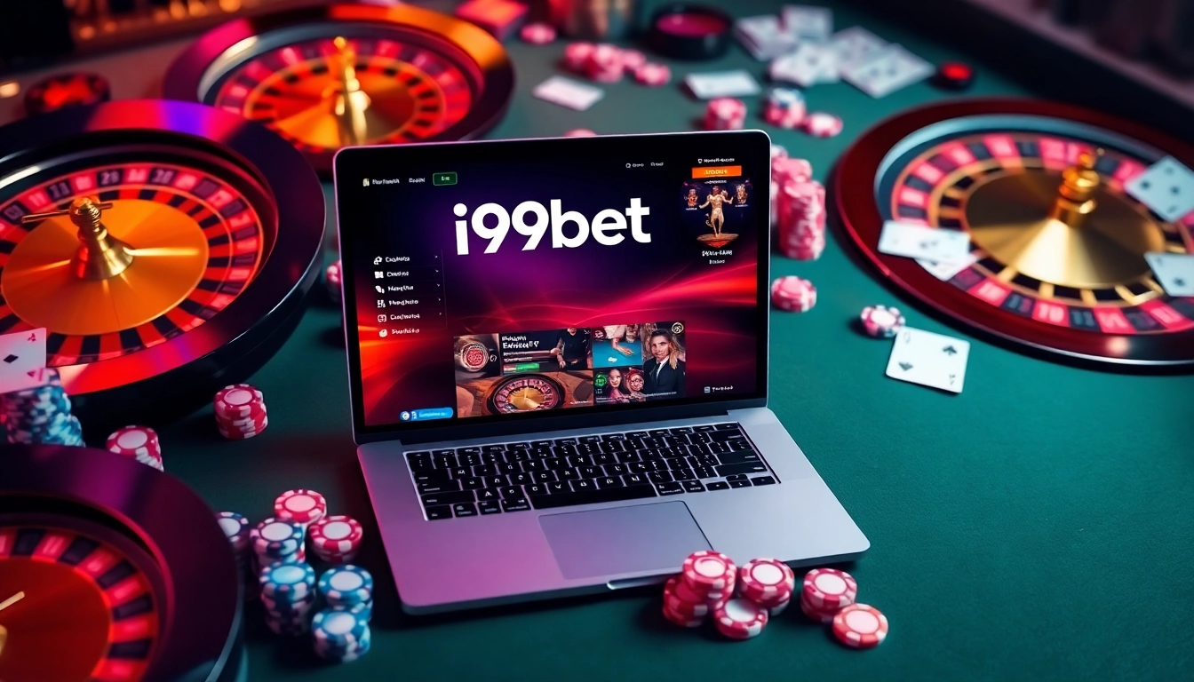 i9bet gaming interface displayed on an elegant laptop surrounded by casino elements like cards and roulette.
