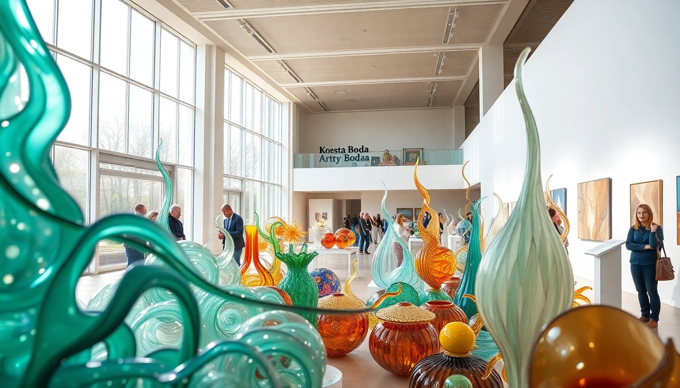 Visiteurs admirant des œuvres d'art à kostaboda-artgallery.fr, mettant en valeur le verre artistique.