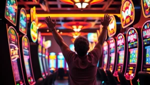 Pemain merayakan kemenangan di petanitoto, dengan slot mesin penuh cahaya dan warna.