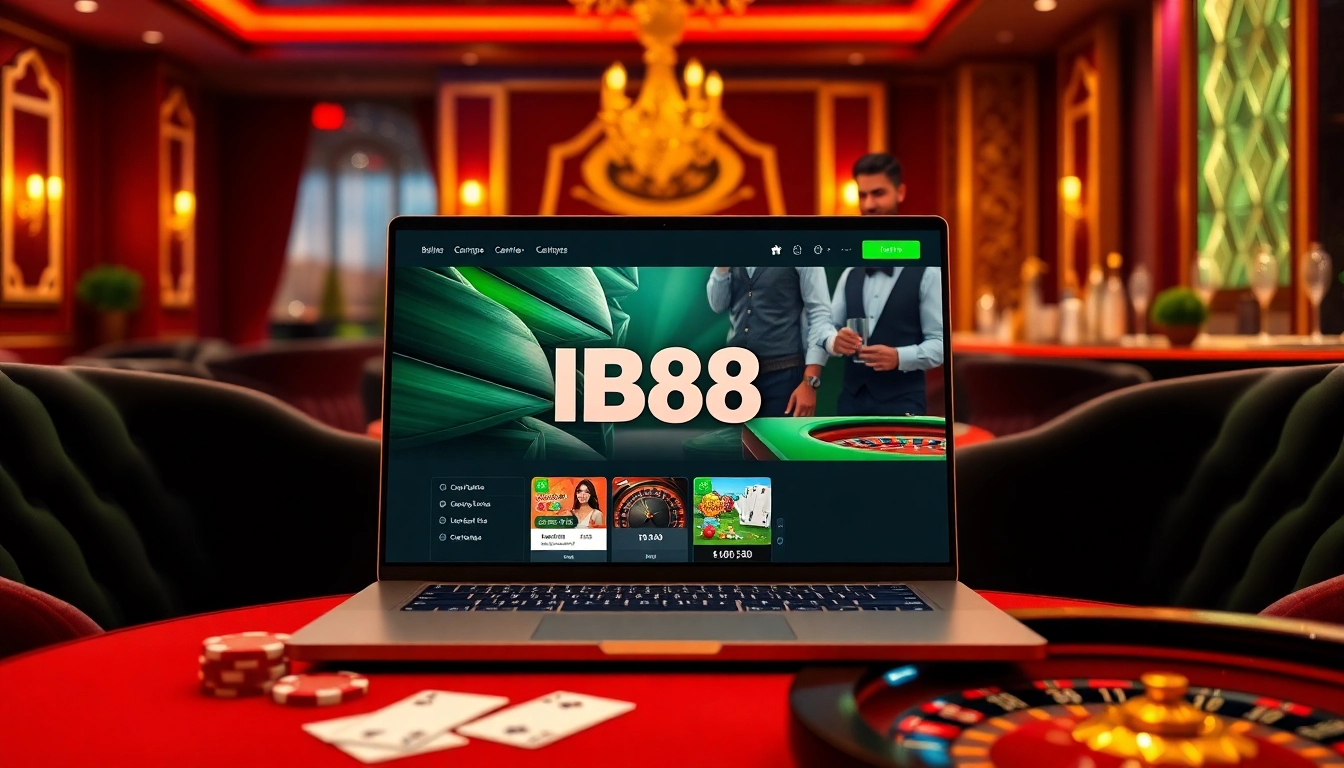 Engaging IB88 gaming interface in a luxurious casino setting with vibrant poker chips.