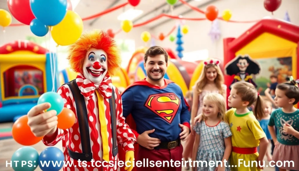 Engaging scene of family-friendly entertainment from https://www.tcspecialentertainment4u.com with clowns and superheroes.