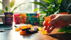 Showcase of colorful wholesale cbd edibles with vibrant packaging on a wooden table.