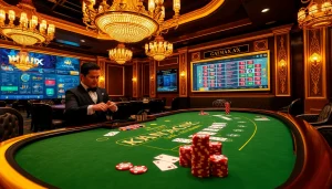 Experience the thrill of vmax game at an elegant blackjack table with strategic bets.