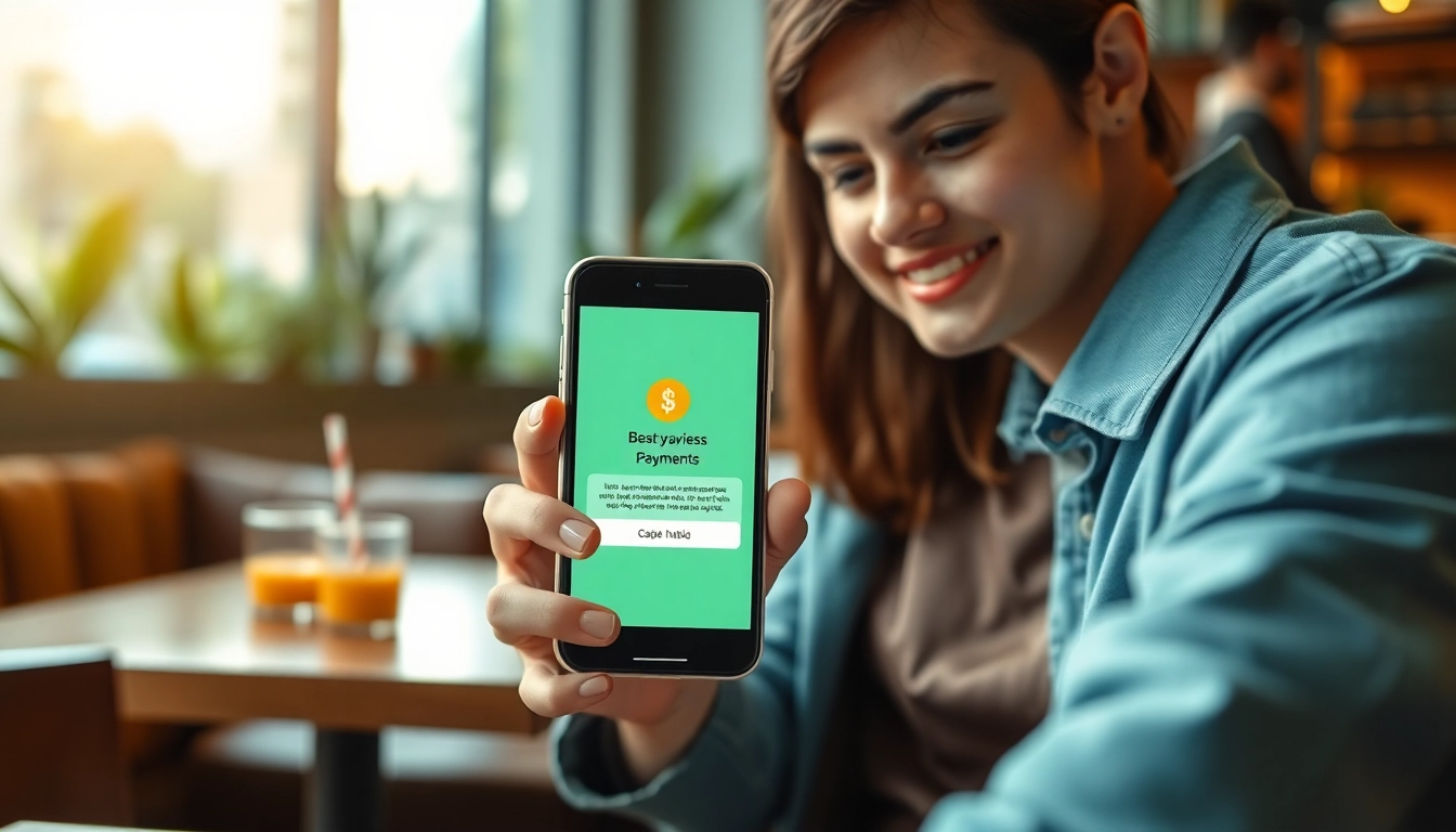 카페에서 스마트폰으로 원활한 온라인 거래를 보여주는 소액결제 일러스트