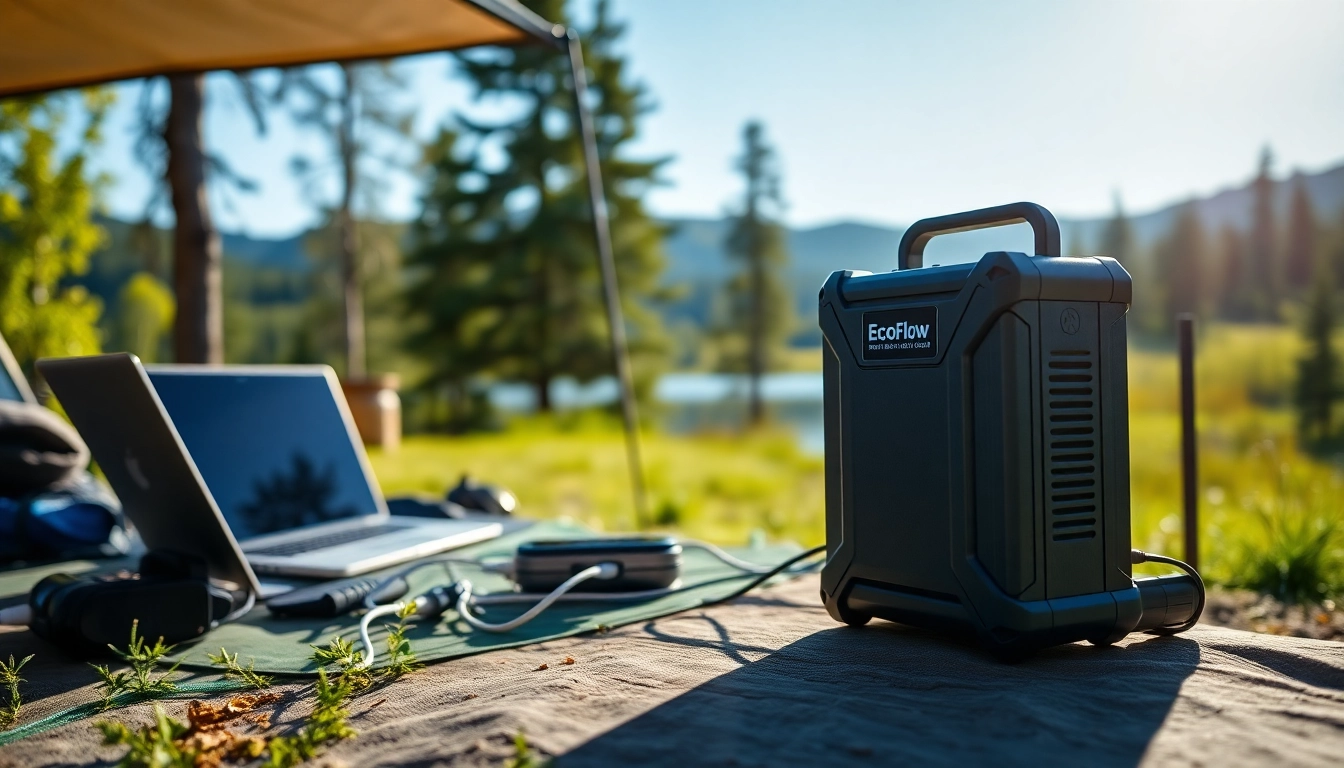 Showcasing EcoFlow Delta 2 powering devices in a beautiful outdoor setting