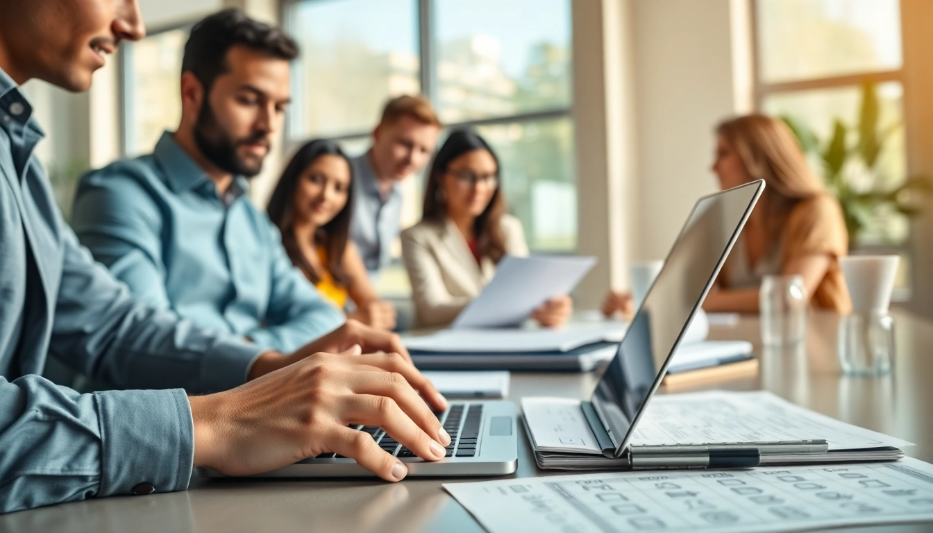 Fill out the ESTA application with professional guidance in a supportive office setting.