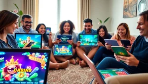 Experience the excitement of Canada casinos online in a vibrant home setting with happy gamers.