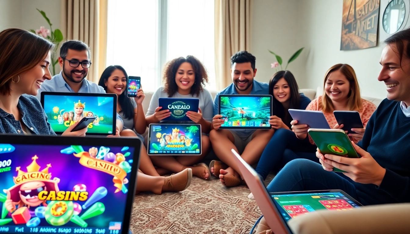 Experience the excitement of Canada casinos online in a vibrant home setting with happy gamers.