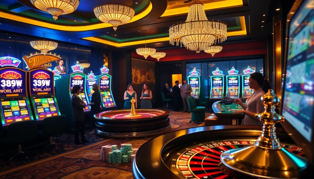 Exciting gameplay at 389WIN online casino with vibrant slot machines and poker tables.