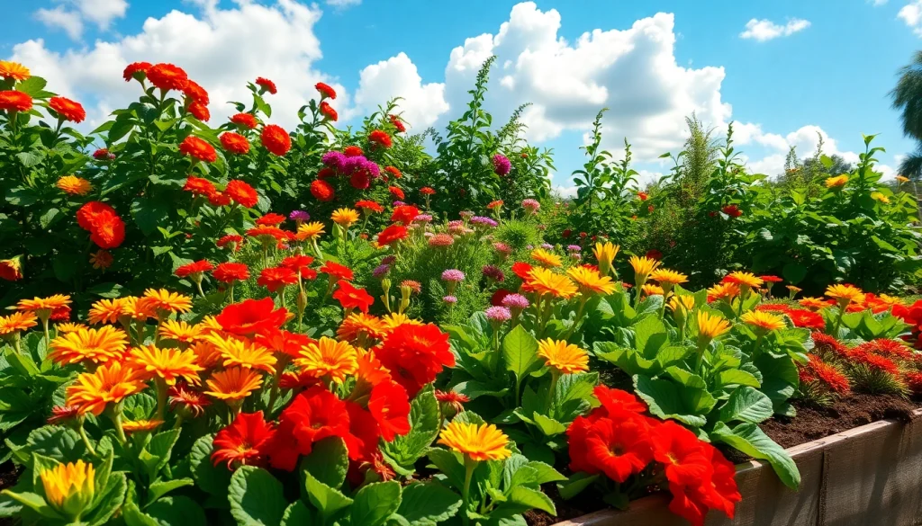 Gardening in a vibrant home garden scene with colorful flowers and healthy vegetables.