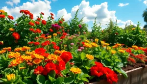 Gardening in a vibrant home garden scene with colorful flowers and healthy vegetables.