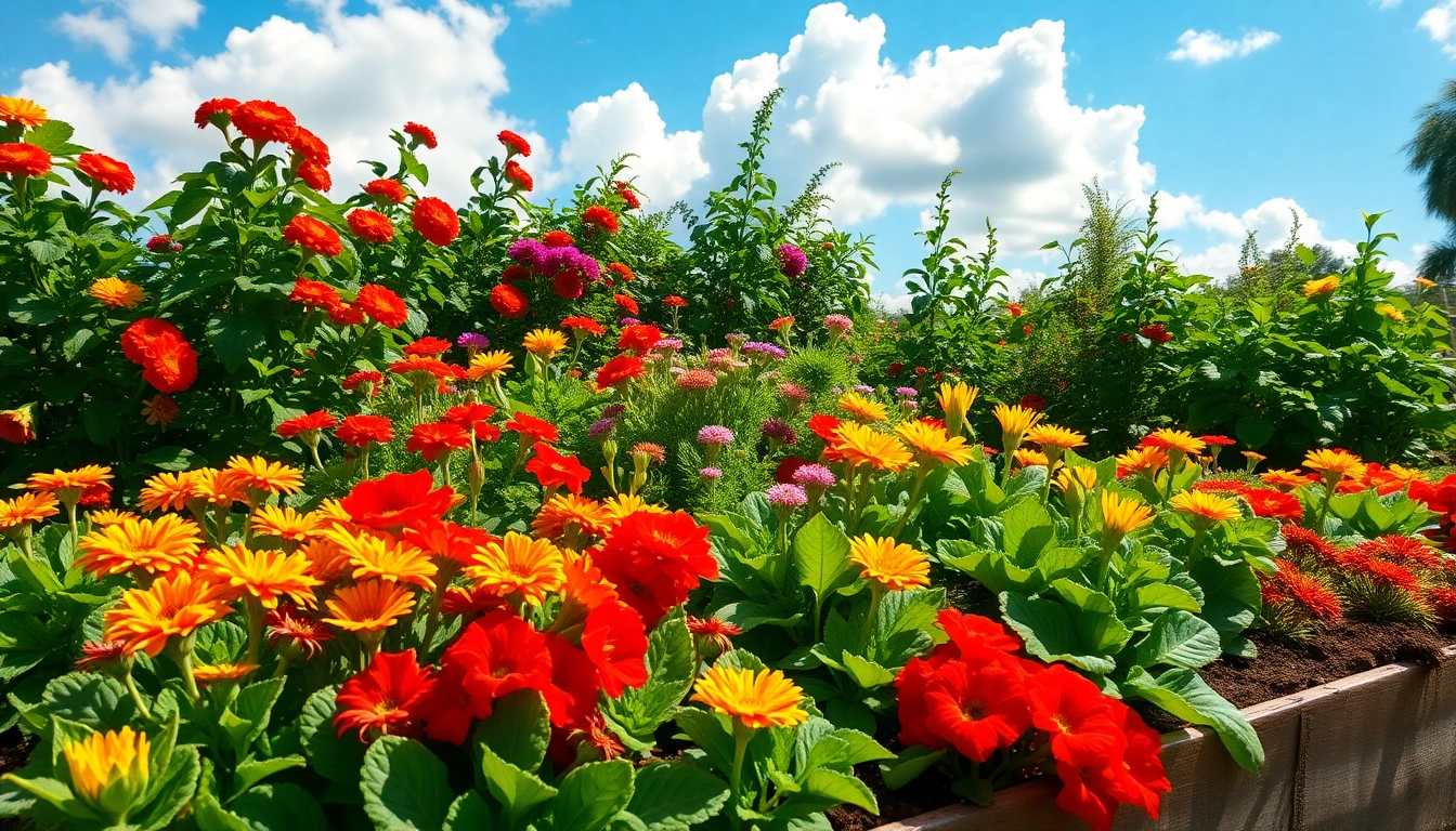 Gardening in a vibrant home garden scene with colorful flowers and healthy vegetables.