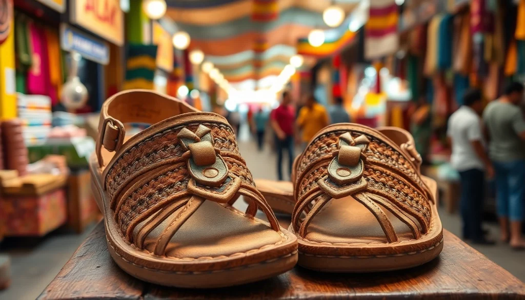 Découvrez les sandales artisanales sur huarachepaschers.fr, exposées dans un cadre de marché vibrant.