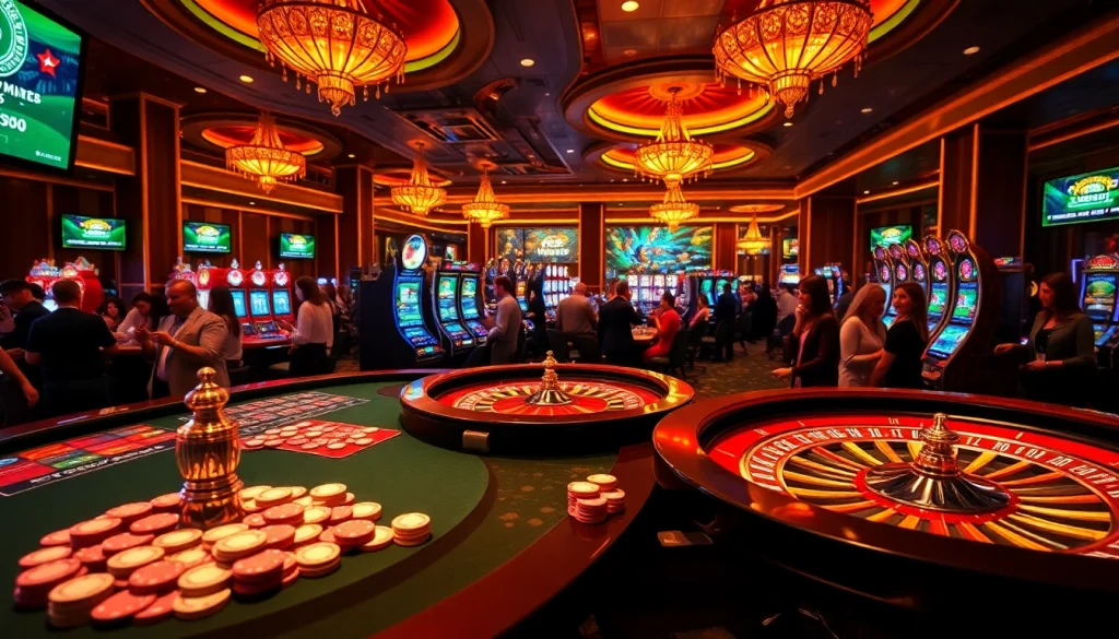 Exciting casino atmosphere at UU88 featuring lively betting tables and vibrant slot machines.