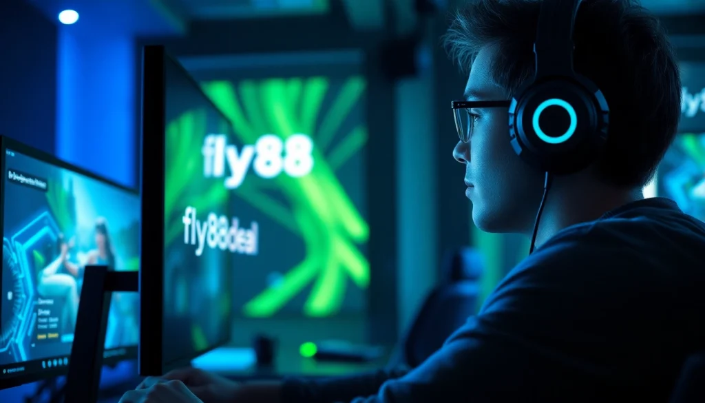 Vibrant gaming scene showcasing fly88deal with immersive digital interface and modern gear.