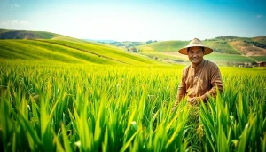 Menggambarkan petani toto yang sedang bekerja di ladang padi subur dengan cahaya cerah