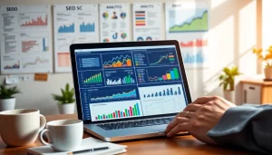 Marketing professional analyzing SEO strategies and data insights in a modern office setting.