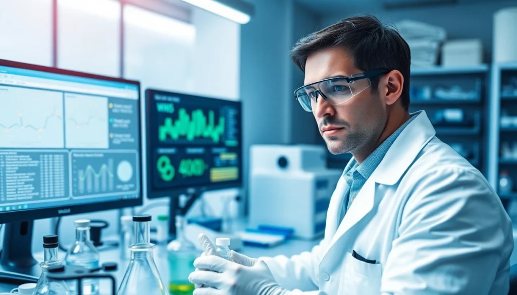 WIN55 cannabinoid research in a modern lab setting with scientists and advanced equipment.