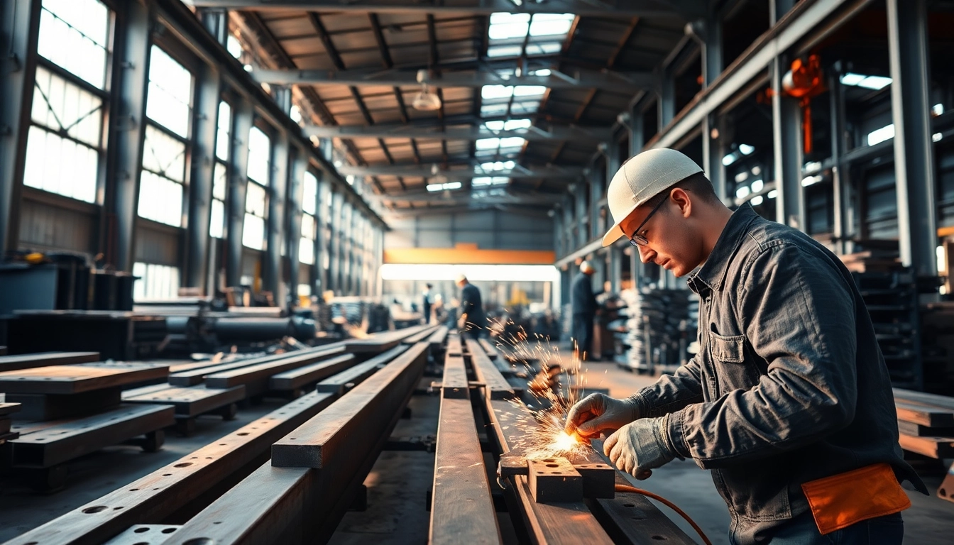 Visualizing structural steel fabrication processes with skilled workers creating steel structures in a vibrant workshop.