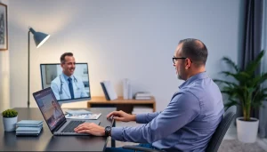 クリニックフォア AGA 口コミ: 居心地の良い自宅オフィス環境で行われるオンライン診察。親しみやすい医師と薄毛治療について話し合う患者の様子。