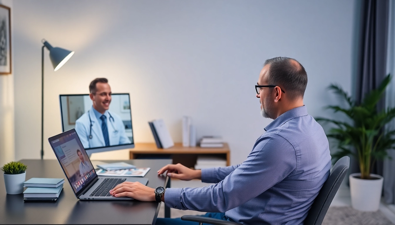 クリニックフォア AGA 口コミ: 居心地の良い自宅オフィス環境で行われるオンライン診察。親しみやすい医師と薄毛治療について話し合う患者の様子。