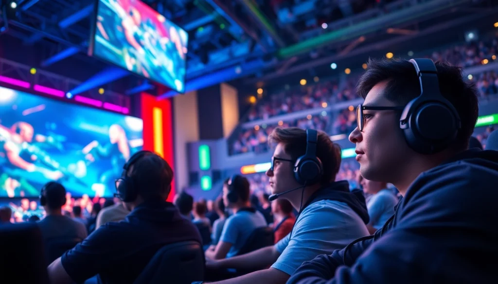 Players at an esports arena showcasing intense competition on https://www.gamelevate.com with dynamic expressions and colorful lighting.