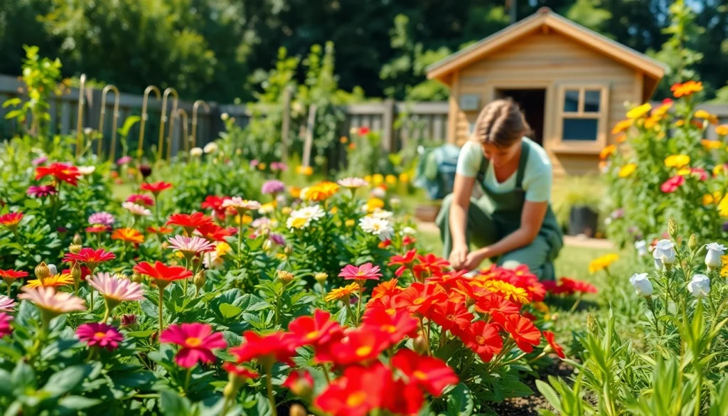 Gardening in a vibrant backyard with colorful flowers and a dedicated gardener tending plants.
