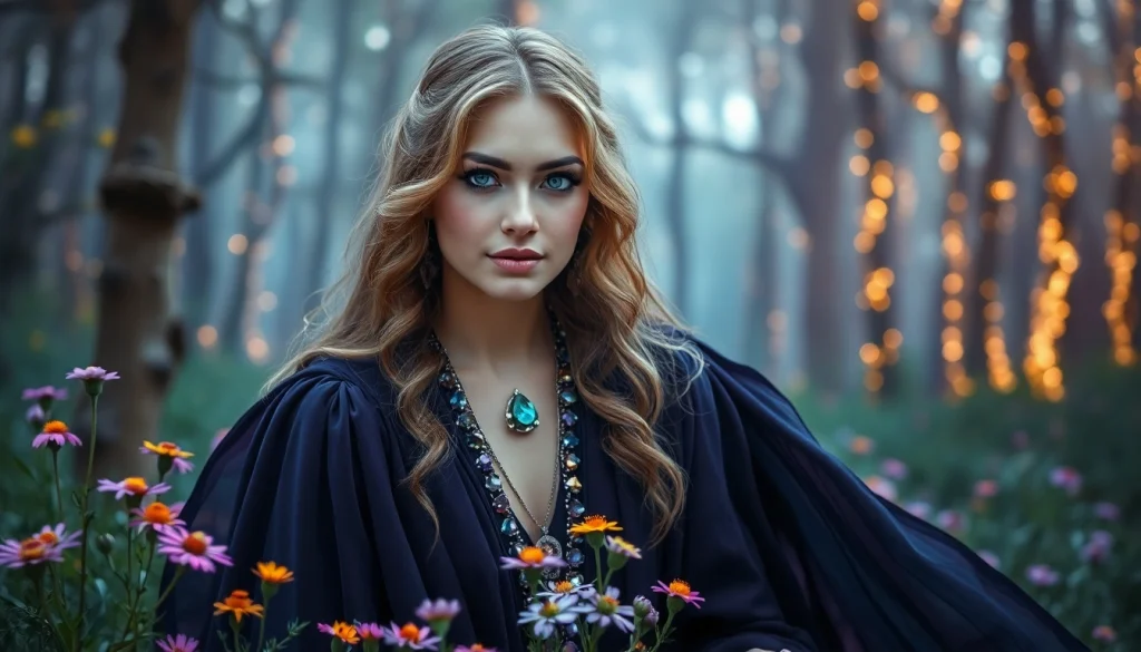 Experience spiritual magic with the enchanting witch on https://julielynn.co amidst a mystical forest.