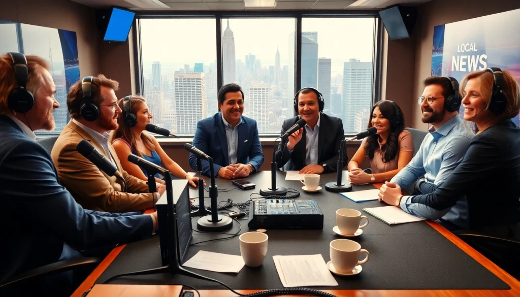 Dynamic radio hosts at hometownstation.com engaging in lively discussions in a professional studio.