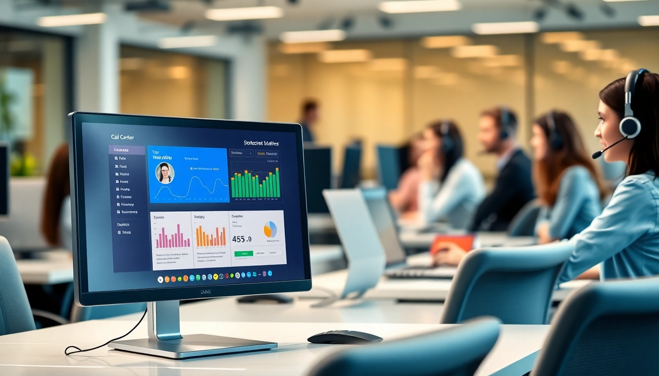 Showcase of call center software dashboard in an office environment with engaged representatives.