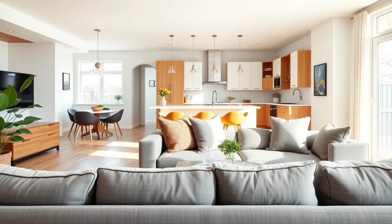 Experience stunning home renovation in a cozy, modern living room and kitchen setting.