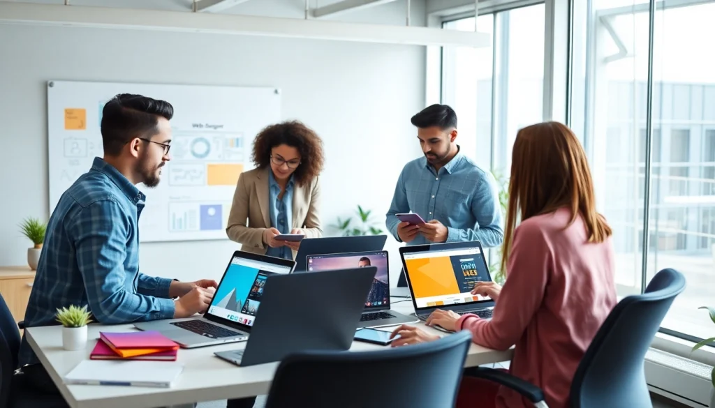 Professional team engaged in Thiết kế website, collaboration within a modern office environment.