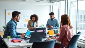 Professional team engaged in Thiết kế website, collaboration within a modern office environment.