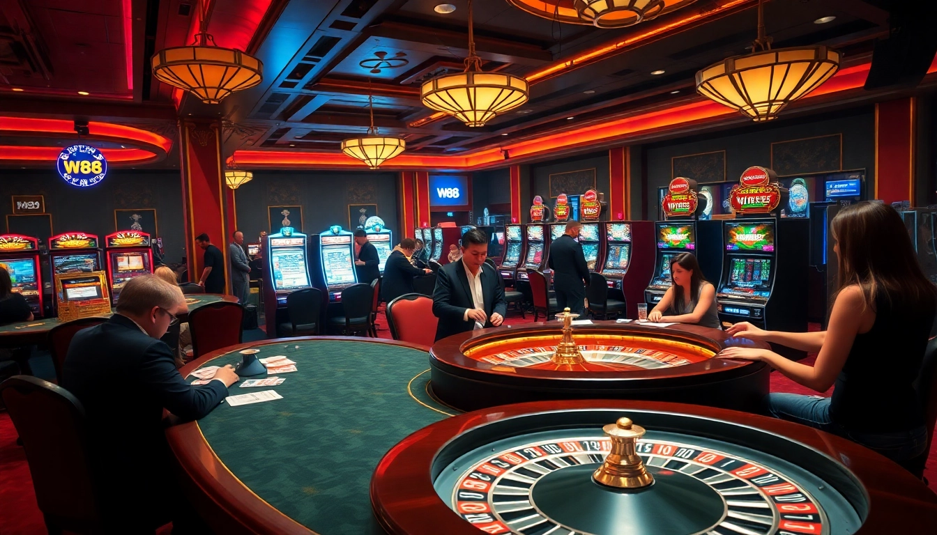 Experience thrilling gameplay at W88 with vibrant casino tables and slot machines.